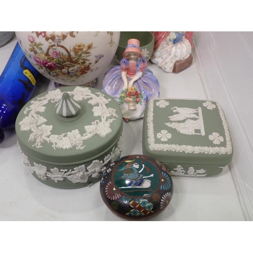 346 - A Royal Doulton Figurine 'Monica', another 'Bedtime Story', Wedgwood Jasperware Trinket Boxes, Vase ... 