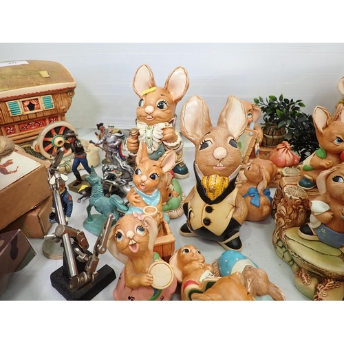 347 - A large quantity of Pendelfin Figurines, a quantity of metal figurines, 2 old Teddy Bears, etc