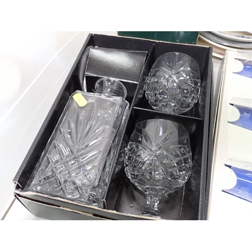 361 - Webb Crystal Decanter in box, Royal Doulton cut glass Decanter and brandy Balloons, other glasses (b... 