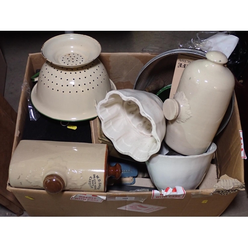 368 - Three Boxes with Jelly Mold, Colander, Hot Water Bottle, Trays, School Photographs, Oil Lamp etc