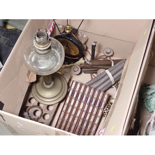 368 - Three Boxes with Jelly Mold, Colander, Hot Water Bottle, Trays, School Photographs, Oil Lamp etc