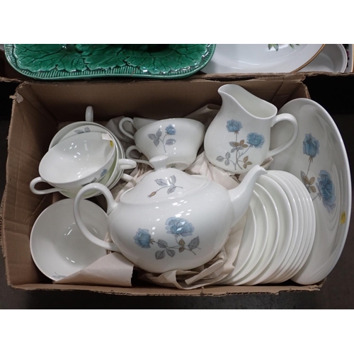 376 - Three Boxes - Green moulded leaf pattern Plates, Comport, Wedgwood Fish Jug, sundry Dishes, part Roy... 