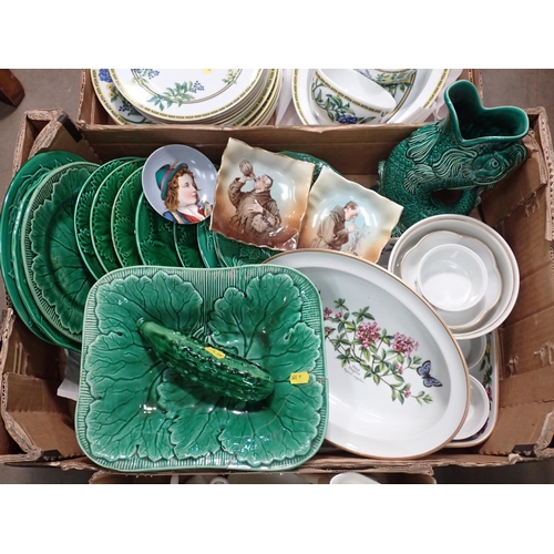 376 - Three Boxes - Green moulded leaf pattern Plates, Comport, Wedgwood Fish Jug, sundry Dishes, part Roy... 