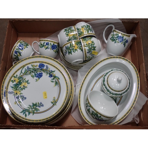 376 - Three Boxes - Green moulded leaf pattern Plates, Comport, Wedgwood Fish Jug, sundry Dishes, part Roy... 