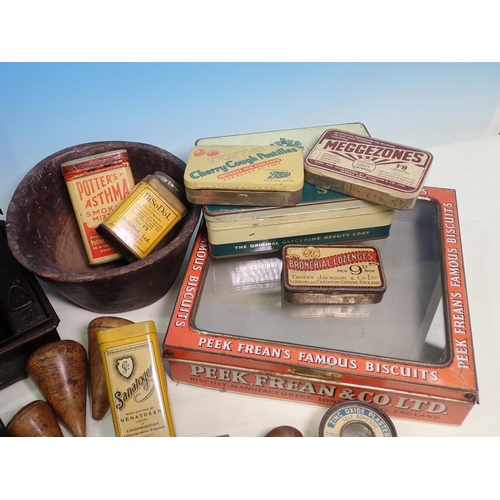 389 - Box of assorted Vintage Tins, wooden Bowl etc