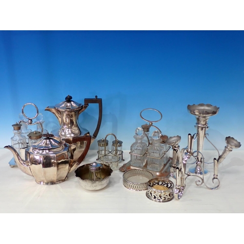 442 - A quantity of plated ware including Teapot, hot water Jug, Cruets, and a pottery Dish and Cover