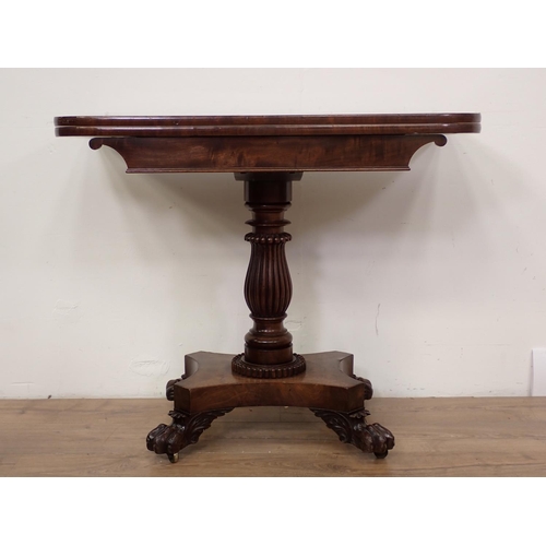 447 - An early 19th Century mahogany foldover Tea Table with reeded baluster column and carved lion paw su... 