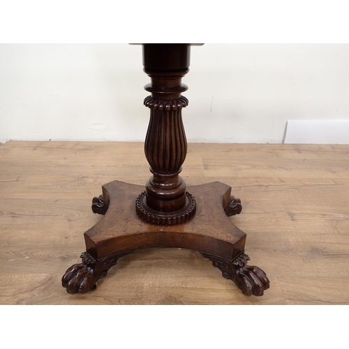 447 - An early 19th Century mahogany foldover Tea Table with reeded baluster column and carved lion paw su... 