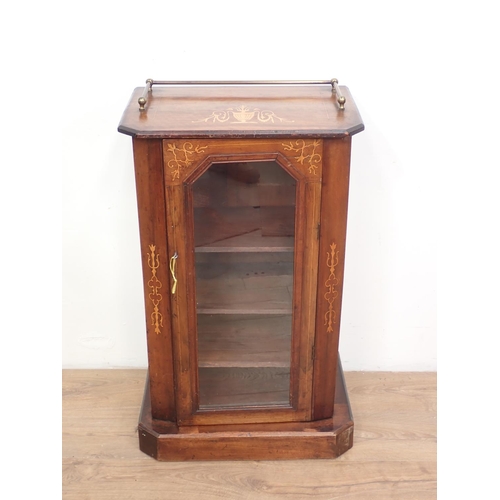 449 - An Edwardian walnut and inlaid Music Cabinet with single glazed door, 2ft 11in H