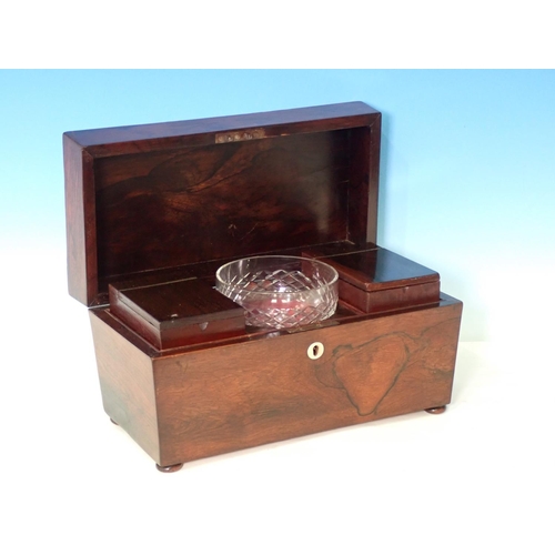 450 - A 19th Century rosewood Tea Caddy fitted two compartments and with glass bowl, 12in