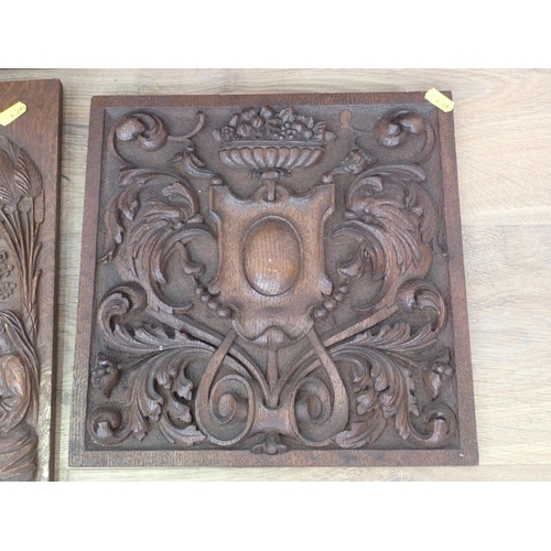 473 - Four various carved panels, mostly religious subjects, 2ft 9in to 12in