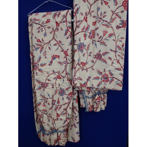 48A - A pair of cream goblet headed lined Curtains with a design of exotic birds and flowering branches 8f... 