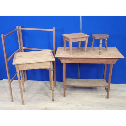 492 - A pine Side Table, two Stools, a Towel Rail and a Side Table