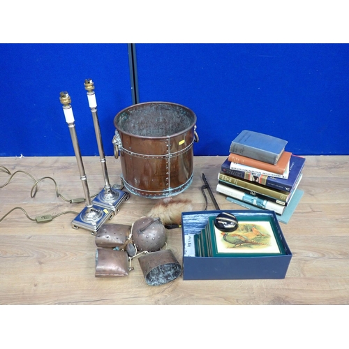 50 - A copper Log Bin, Bells, a pair of tall Candlesticks, a quantity of Reference Books, Cartier, Faberg... 