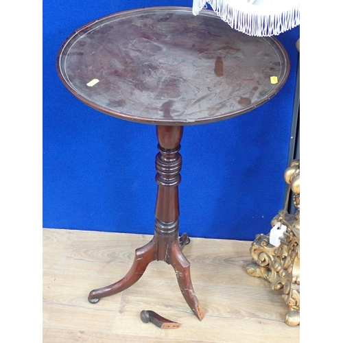 506 - A gilt Lamp Standard with shade, 4ft 2in H and a 19th Century mahogany Tripod Table, leg A/F (failed... 