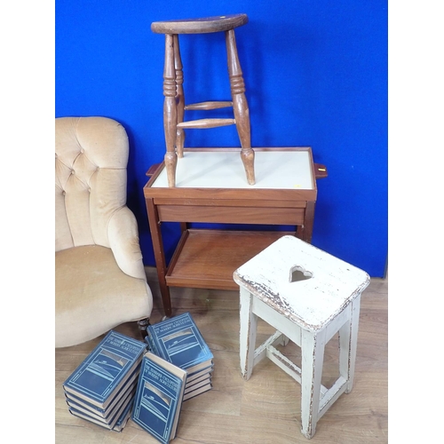 531 - A Victorian button upholstered Nursing Chair, two Stools, a Trolley and a set of 'The Standard Cyclo... 