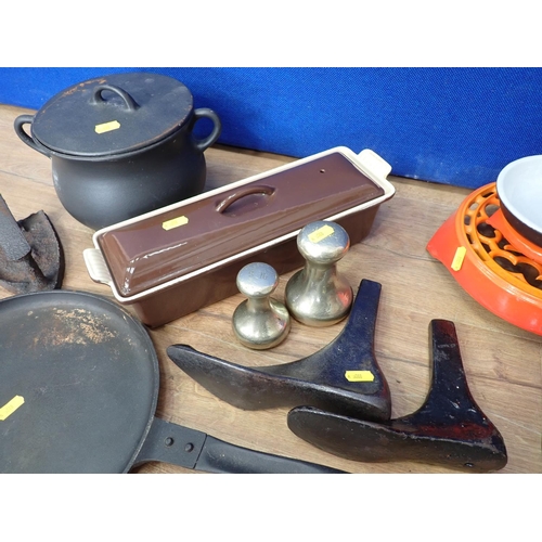 589 - A metal covered Pot, a Fire Sway, Flat Irons, brass Weights, etc