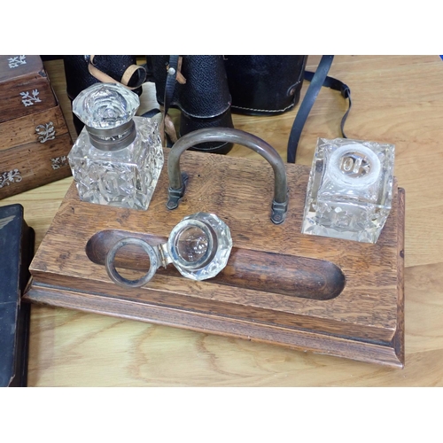 609 - An oak Inkstand, glass Bowl, mother-of-pearl inlaid Box, Binoculars, etc