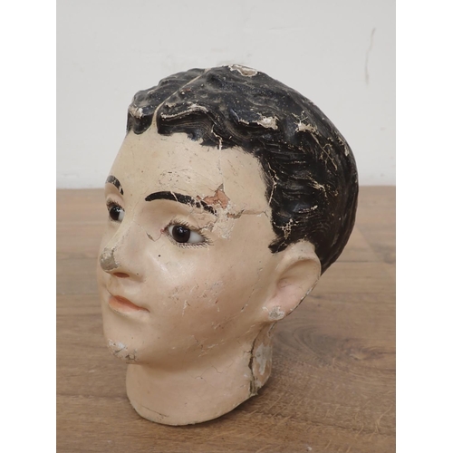 74 - Two plaster Heads and a papier mache Head, 13in to 8in