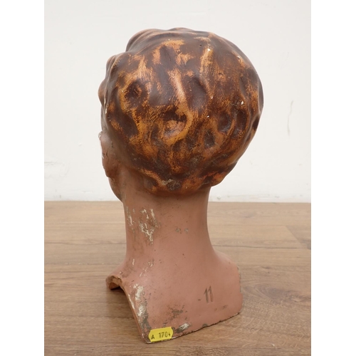 74 - Two plaster Heads and a papier mache Head, 13in to 8in