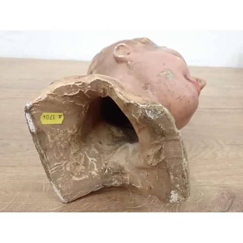 74 - Two plaster Heads and a papier mache Head, 13in to 8in