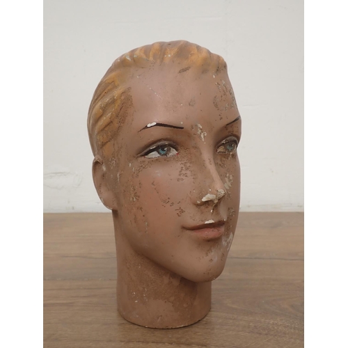 74 - Two plaster Heads and a papier mache Head, 13in to 8in