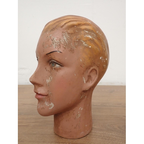 74 - Two plaster Heads and a papier mache Head, 13in to 8in