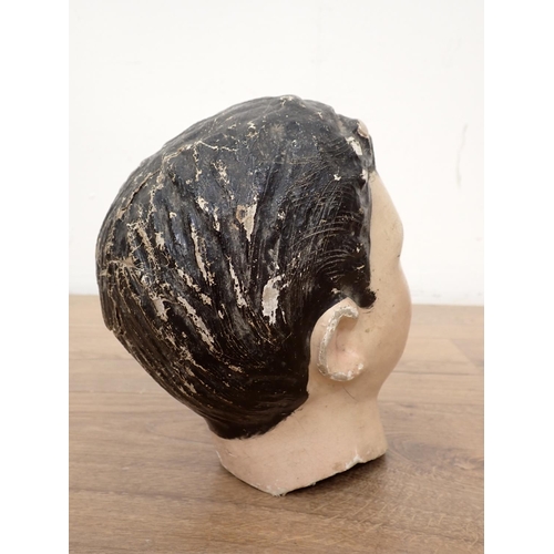 74 - Two plaster Heads and a papier mache Head, 13in to 8in