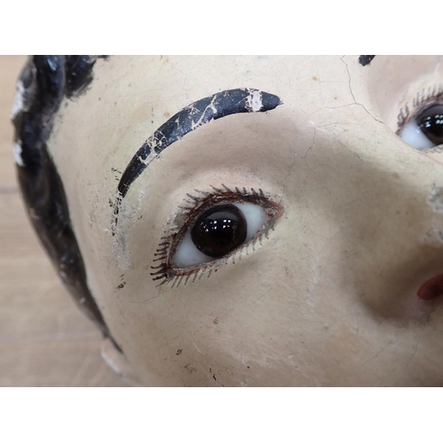 74 - Two plaster Heads and a papier mache Head, 13in to 8in