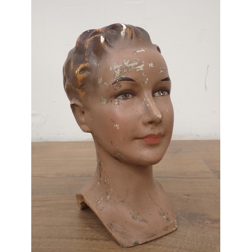 74 - Two plaster Heads and a papier mache Head, 13in to 8in