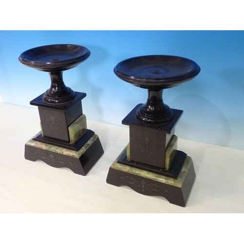 83 - A pair of Victorian slate Urns with incised decoration, 11in H