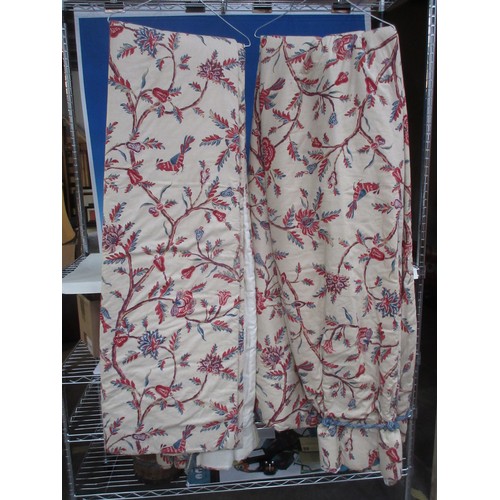 48A - A pair of cream goblet headed lined Curtains with a design of exotic birds and flowering branches 8f... 