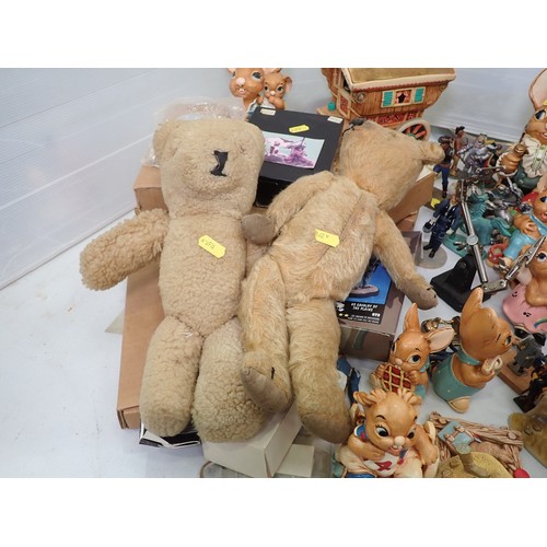 347 - A large quantity of Pendelfin Figurines, a quantity of metal figurines, 2 old Teddy Bears, etc