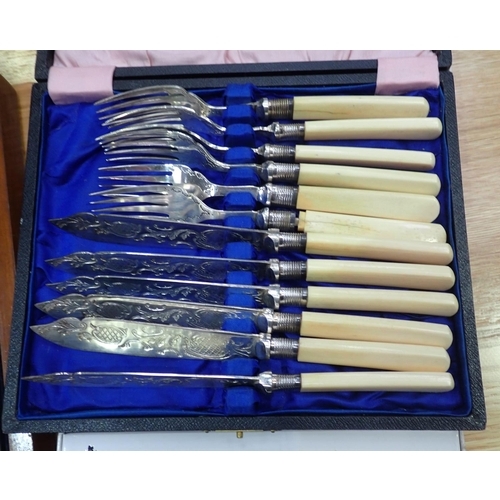 54 - An oak Canteen of Fish Cutlery, a boxed set of Arthur Price Forks and two cased sets of Cutlery