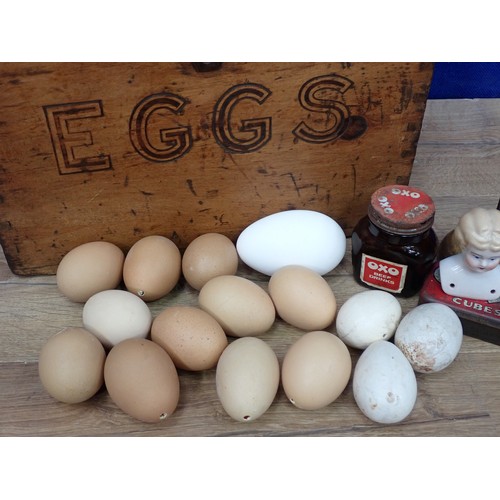 461 - A wooden Egg Box containing Oxo Tin and Bottle and a collection of blown domestic chicken and goose ... 