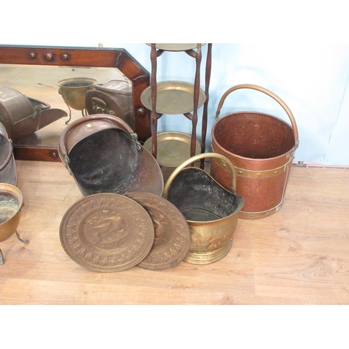 102 - A brass folding Cake Stand, copper Coal Bucket, three Coal Scuttles, Jardinière, brass embossed Char... 