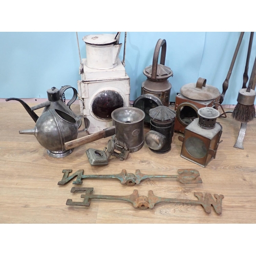 113 - A white painted Railway Lamp, four other Lamps, an Oil Can, Pot, metal globular Tea Pot and a steel ... 