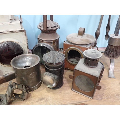 113 - A white painted Railway Lamp, four other Lamps, an Oil Can, Pot, metal globular Tea Pot and a steel ... 