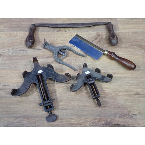 118 - A box of Tools and metal ware including Scales, Stanley Plane, Clamps, etc.