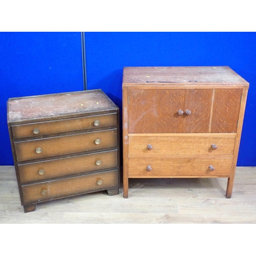 129 - A mid-century oak two door Cupboard fitted two drawers 3ft H x 2ft 9in W and an oak veneered Chest o... 