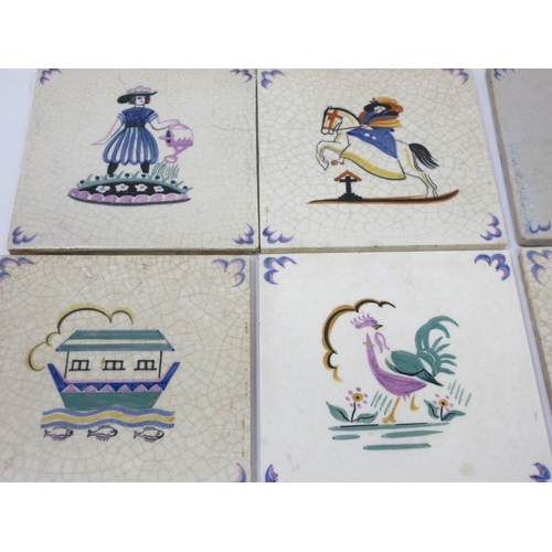 13 - Seven Arts and Crafts influenced Wall Tiles with designs of gardener, jumping horse, shepherdess, et... 