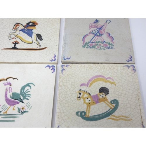 13 - Seven Arts and Crafts influenced Wall Tiles with designs of gardener, jumping horse, shepherdess, et... 