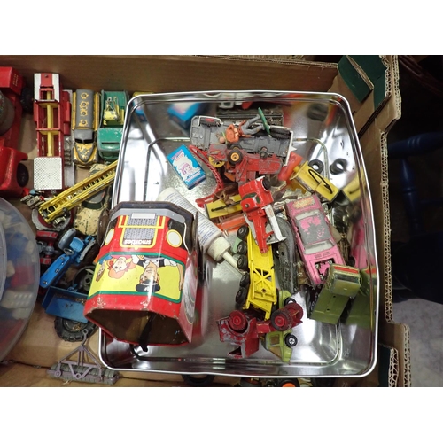 148 - Two boxes of play worn diecast Dinky, Corgi, Matchbox Vehicles and a bucket of Lego