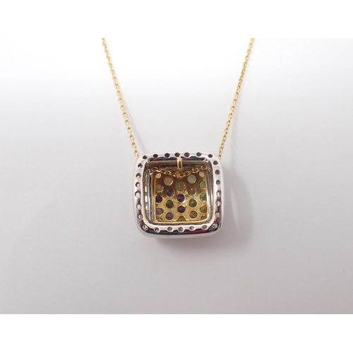 158 - A multi-coloured Sapphire and Diamond Pendant the square plaque peg-set numerous round yellow, mauve... 