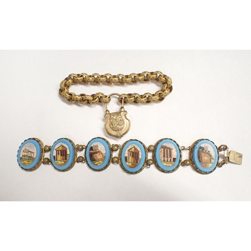 178 - A micro-mosaic Bracelet depicting classical buildings in gilt metal and a gilt metal Bracelet with p... 