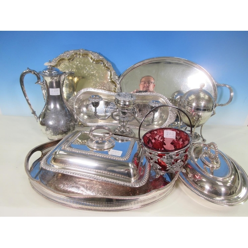 220 - Two plated Entree Dishes and Covers, gallery Tray, oval Tray, Salver, Egg Boiler, Coffee Pot, two br... 