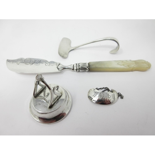 221 - A George V silver wishbone Menu Holder, Birmingham 1911, a Victorian Butter Knife, Sheffield 1849, s... 