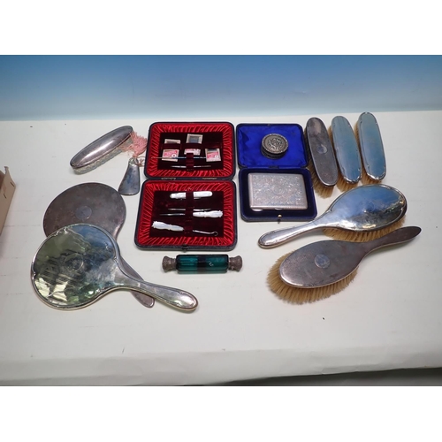 246 - A silver backed Dressing Table Set, cased Manicure Set, engraved silver Purse in leather case, doubl... 