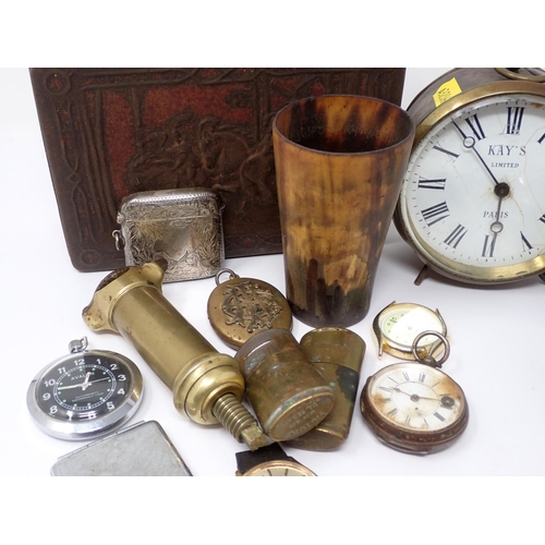 246A - A horn Beaker, various quartz Wristwatches, silver Vesta Case, Hip Flask, Alarm Clock, etc