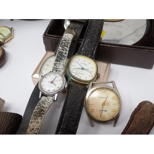 246A - A horn Beaker, various quartz Wristwatches, silver Vesta Case, Hip Flask, Alarm Clock, etc